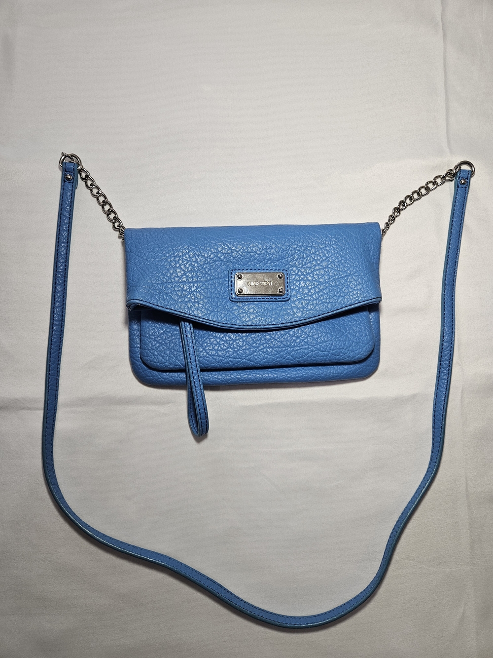 Nine West Bright Blue Pebbled Leather Crossbody with Chain Strap